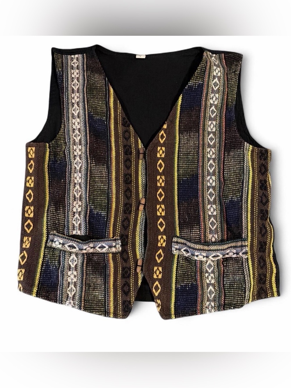 Vintage 90's Striped Patterned Tapestry Woven Button Vest Sz L Pockets 39x21.5”